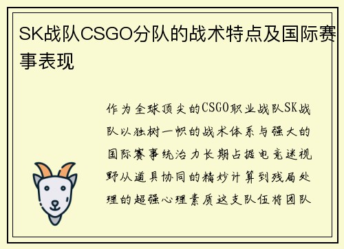 SK战队CSGO分队的战术特点及国际赛事表现